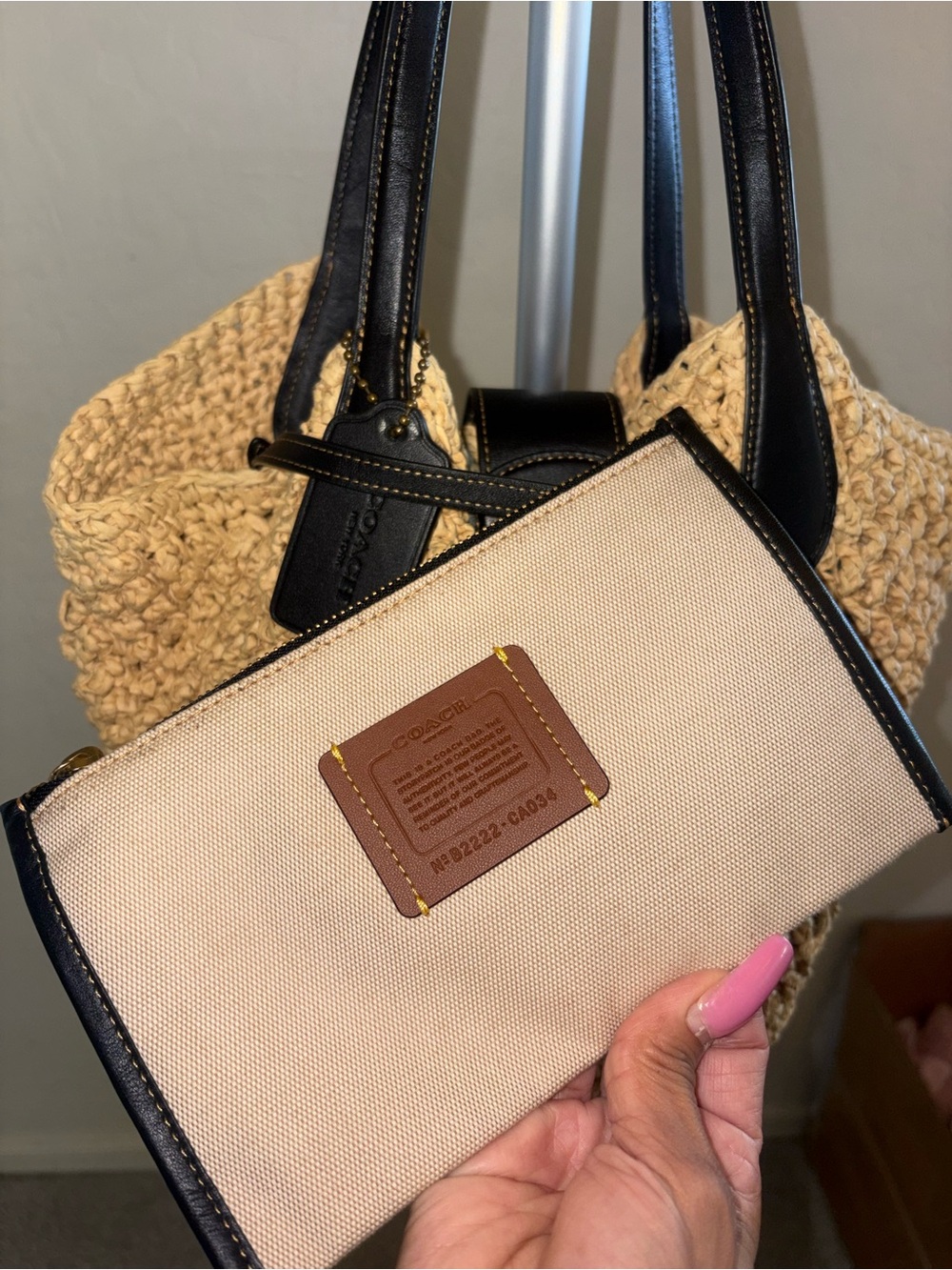 Coach Small (popcorn) Straw Tote Bag with Black Leather Trim EUC - Picture 5 of 9